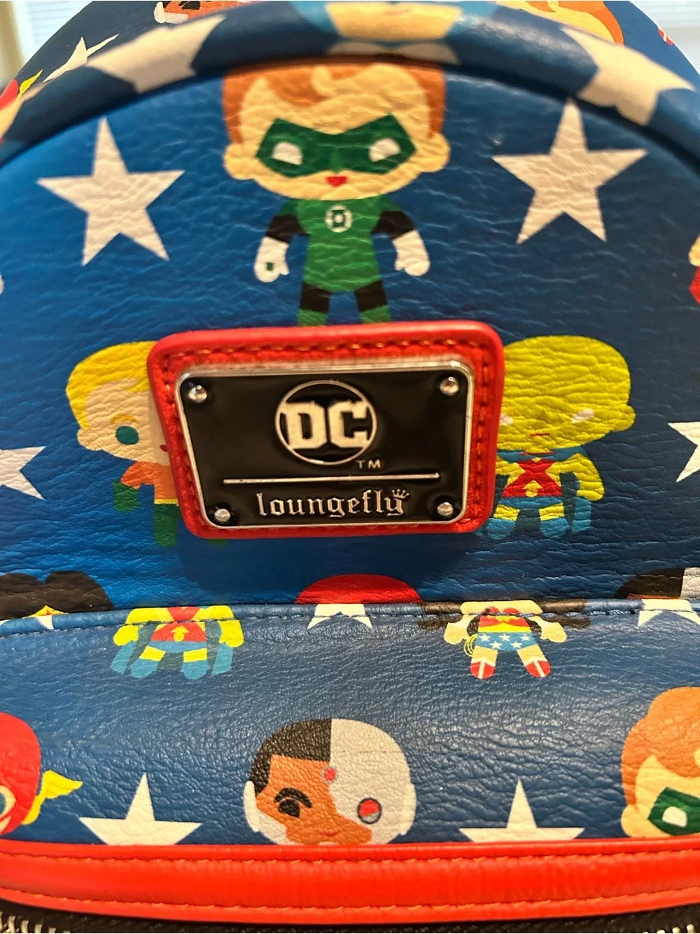 Loungefly Blue DC Kids Mini Backpack with Multicolor Superhero Print